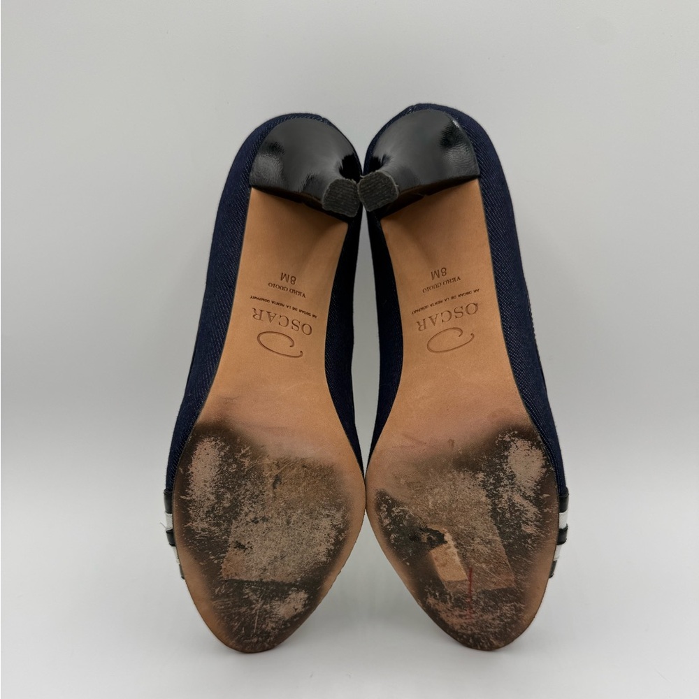 VTG RARE Oscar de la Renta O Calada Peep Toe Heels Blue/Black Size 8 - Picture 9 of 16